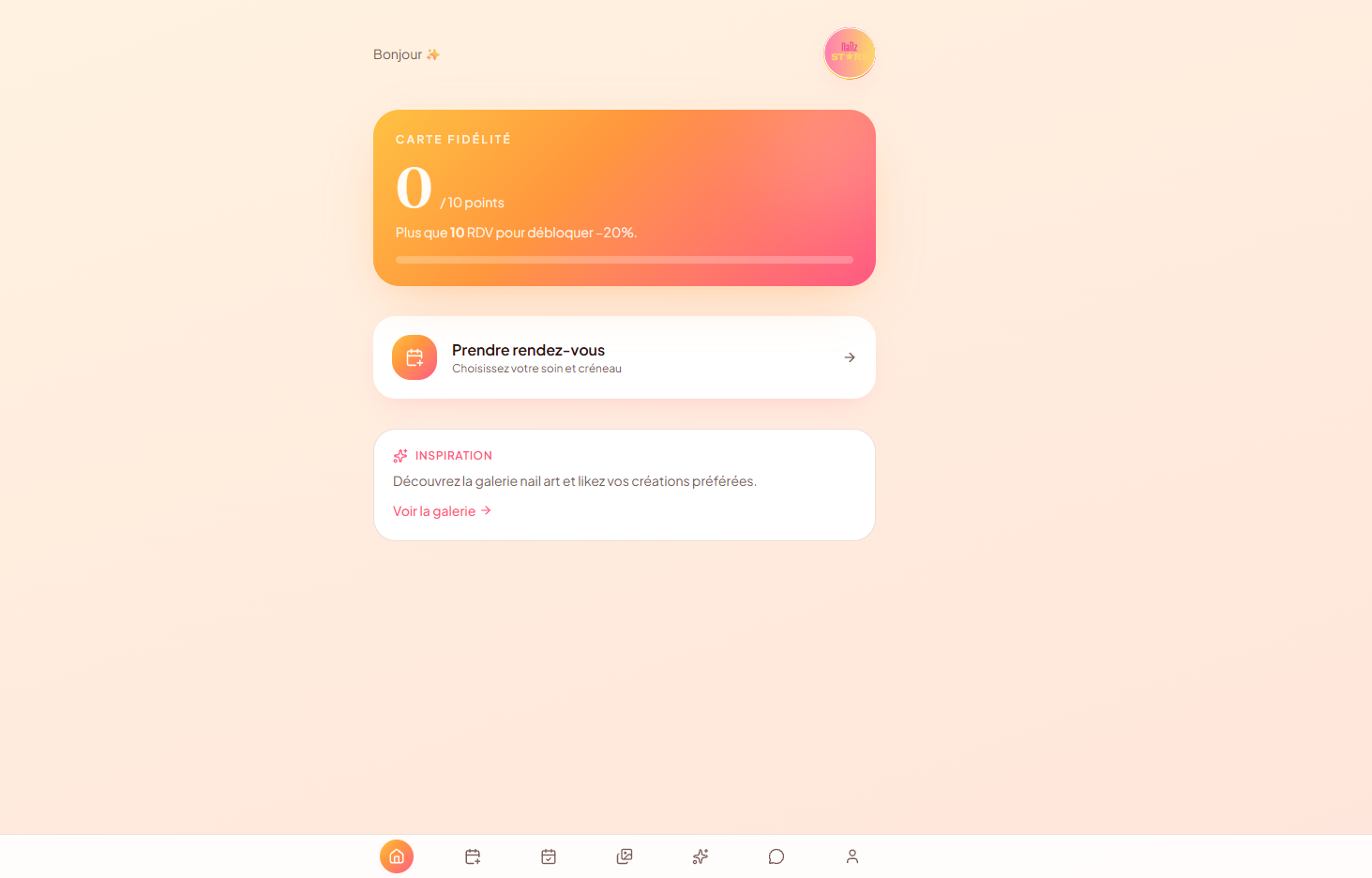Aperçu de l'application de fidélité Nailzstar sur mobile